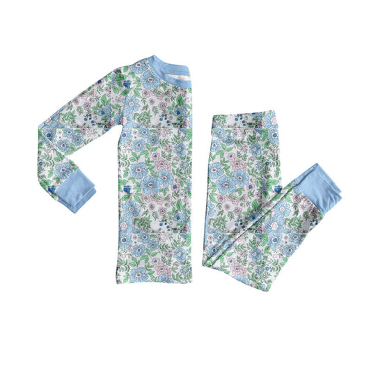 ( Moq 5 ) Preorder Girls Kids Long Sleeves Blue Pink Flower Shirt Pants Pajamas Clothes Set