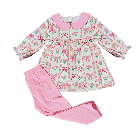 ( Moq 5 ) Preorder Girls Kids Long Sleeves Bows Flower Tunic Pink Pants Clothes Set