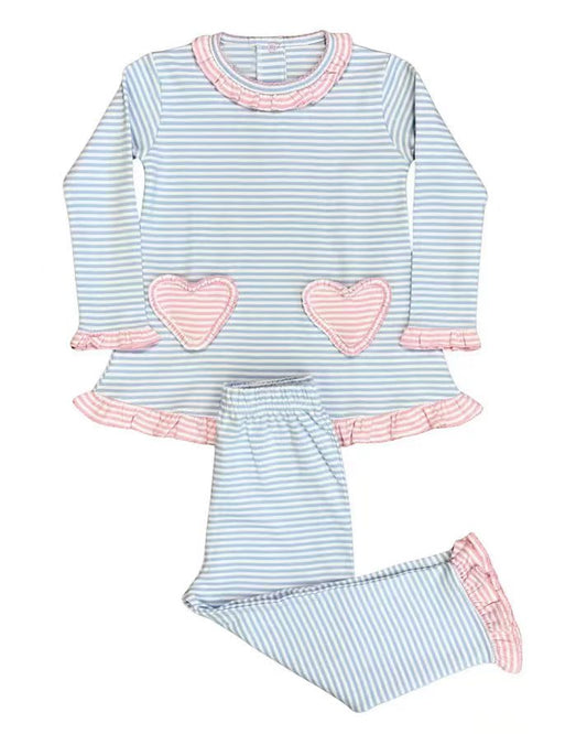 ( Moq 5 ) Preorder Girls Kids Long Sleeves Hearts Shirt Stripes Pants Valentine's Day Set