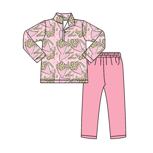 ( Moq 5 ) Preorder Girls Kids Chip Hearts Zipper Shirt Pink Pants Valentine Clothes Set