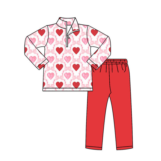 ( Moq 5 ) Preorder Girls Kids Hearts Bows Zipper Shirt Red Pants Valentine Clothes Set