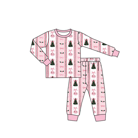 ( Moq 5 ) Preorder Girls Kids Bows Trees Shirt Pants Christmas Pink Pajamas Set