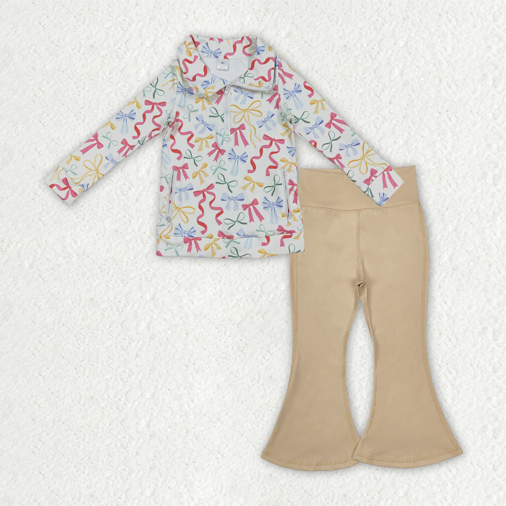 Baby Girls Long Sleeves Bows Zipper Pockets Tops Khaki Pants Yoga Active Clothes Set RTS