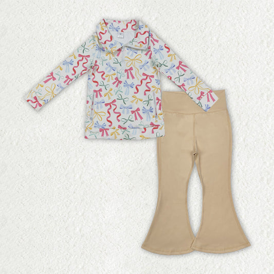 Baby Girls Long Sleeves Bows Zipper Pockets Tops Khaki Pants Yoga Active Clothes Set RTS
