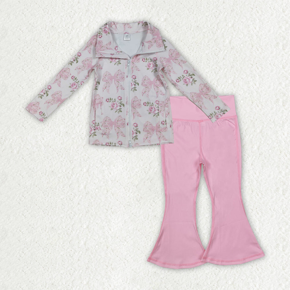 Baby Girls Long Sleeves Flower Bows Zipper Pockets Tops Pink Pants Yoga Active Clothes Set RTS