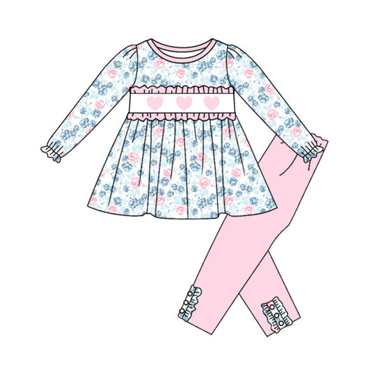 ( Moq 5 ) Preorder Girls Kids Long Sleeves Hearts Flower Tunic Pink Pants Valentine's Day Set