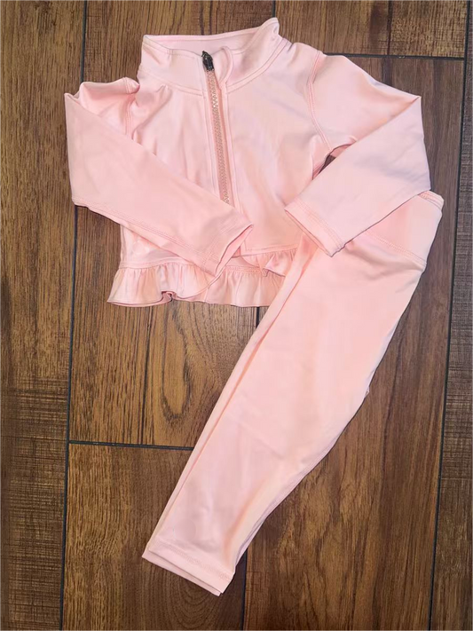 ( Moq 5 ) Preorder Girls Kids Pink Long Sleeves Zipper Ruffle Cardigan Pants Yoga Active Clothes Set
