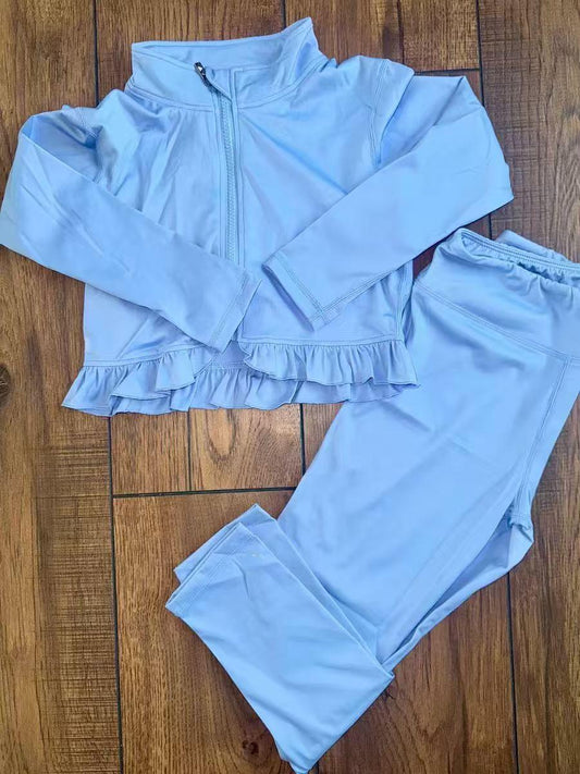 ( Moq 5 ) Preorder Girls Kids Blue Long Sleeves Zipper Ruffle Cardigan Pants Yoga Active Clothes Set