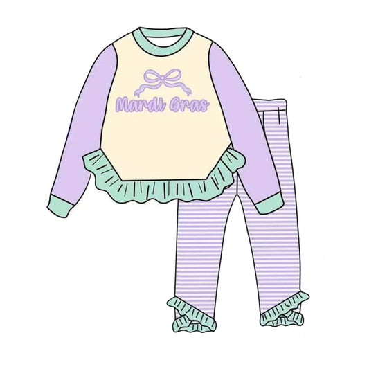 ( Moq 5 ) Preorder Girls Kids Long Sleeves Bow Ruffle Tops Purple Pants Mardi Gras Set
