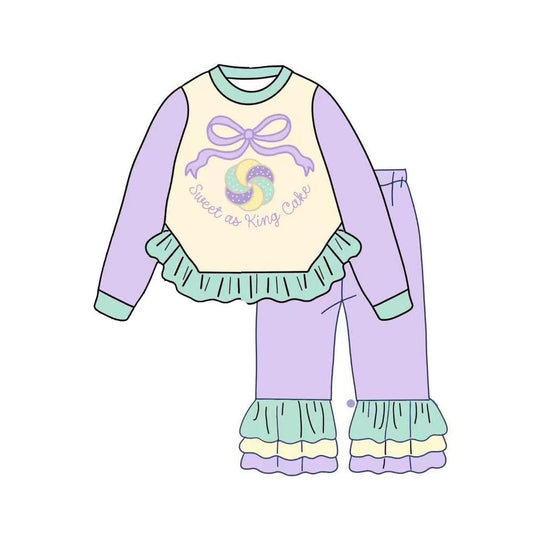 ( Moq 5 ) Preorder Girls Kids Long Sleeves Sweet Cake Bows Tops Ruffle Pants Mardi Gras Set
