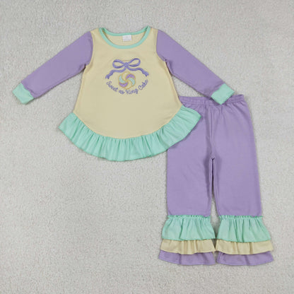 Sibling Baby Girls Kids Long Sleeves Embroidery Sweet Cake Bows Mardi Gras Romper Set RTS