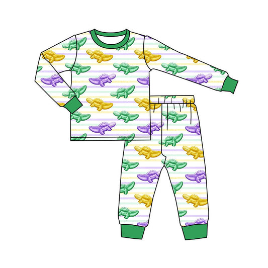 ( Moq 5 ) Preorder Girls Kids Long Sleeves Crocodiles Shirt Pants Mardi Gras Pajamas Outfit