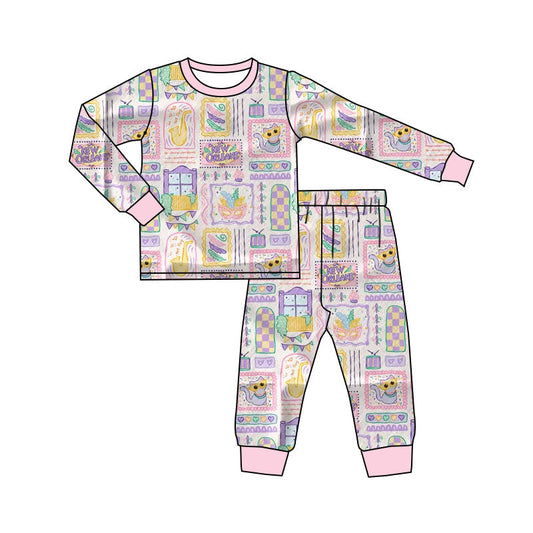 ( Moq 5 ) Preorder Girls Kids Long Sleeves Masks Shirt Pants Mardi Gras Pajamas Outfit