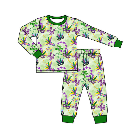 ( Moq 5 ) Preorder Girls Kids Long Sleeves Masks Shirt Pants Mardi Gras Set Pajamas