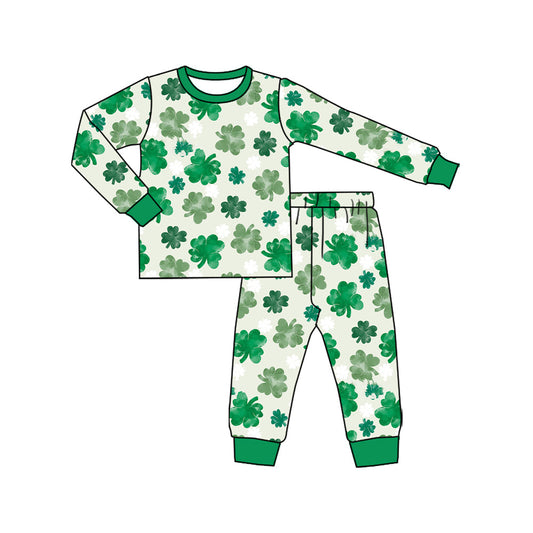 ( Moq 5 ) Preorder Baby Kids Long Sleeves Clovers Shirt Pants St Patrick Green Pajamas Set