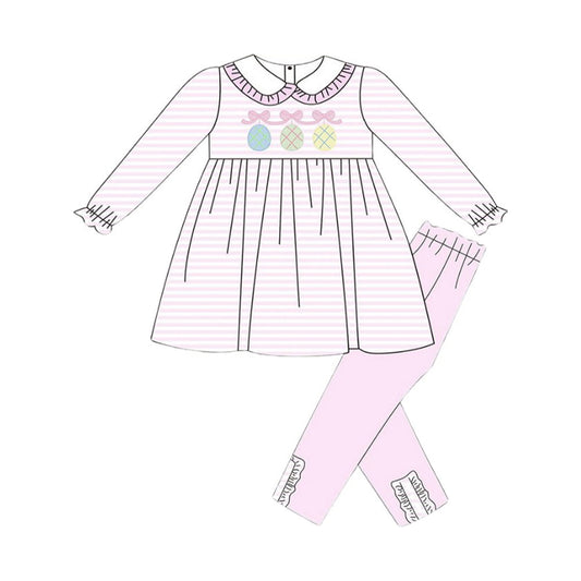 ( Moq 5 ) Preorder Baby Girls Eggs Bows Stripes Tunic Pink Leggings Easter Clothes Set