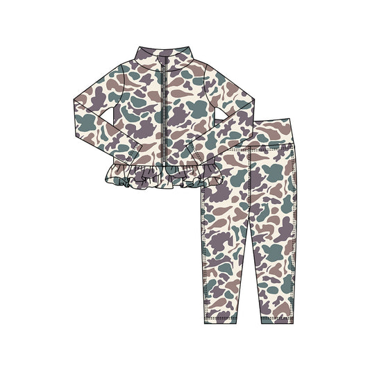 ( Moq 5 ) Preorder Baby Girls Camo Long Sleeves Zipper Ruffle Cardigan Tops Pants Yoga Active Outfit