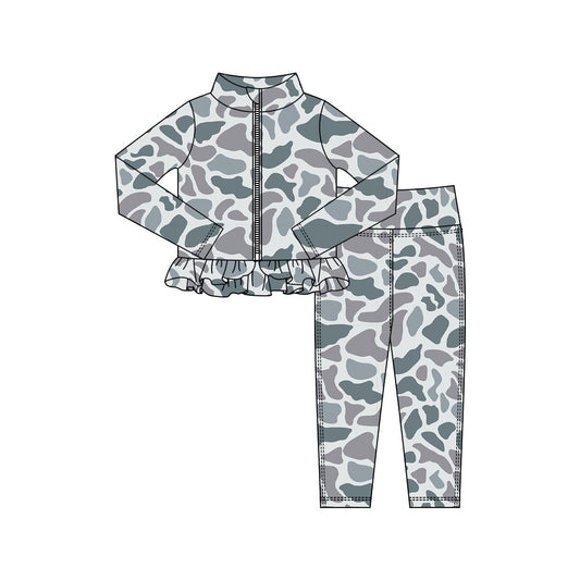 ( Moq 5 ) Preorder Baby Girls Grey Camo Zipper Ruffle Cardigan Leggings Pants Yoga Active Outfit
