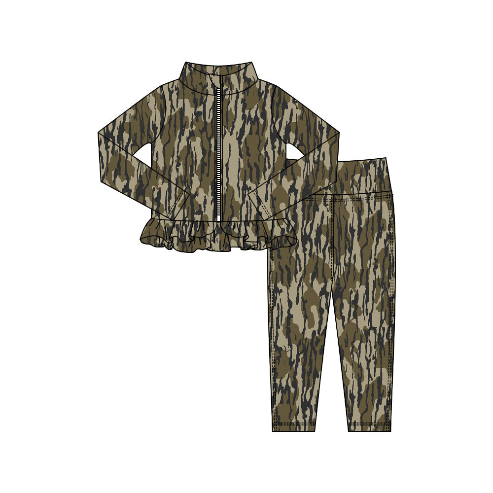 ( Moq 5 ) Preorder Baby Girls Long Sleeves Camo Zipper Ruffle Cardigan Leggings Pants Yoga Active Outfit