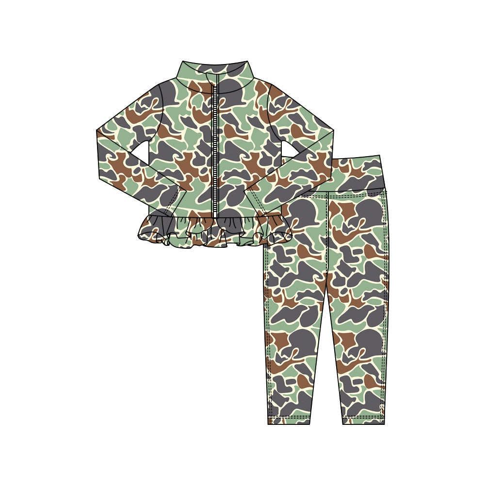 ( Moq 5 ) Preorder Baby Girls Green Camo Zipper Ruffle Cardigan Leggings Pants Yoga Active Outfit