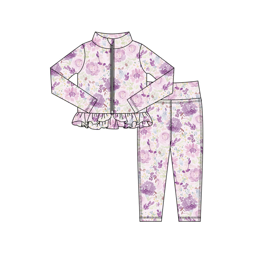 ( Moq 5 ) Preorder Baby Girls Purple Flower Zipper Ruffle Cardigan Tops Leggings Pants Yoga Active Outfit