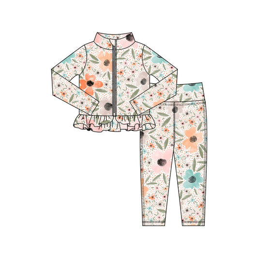 ( Moq 5 ) Preorder Baby Girls Long Sleeves Flower Zipper Cardigan Tops Leggings Pants Yoga Active Outfit