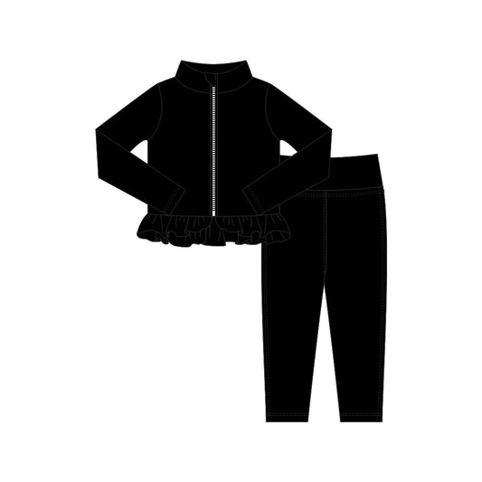 ( Moq 5 ) Preorder Baby Girls Kids Black Long Sleeves Zipper Tops Leggings Pants Yoga Active Outfit