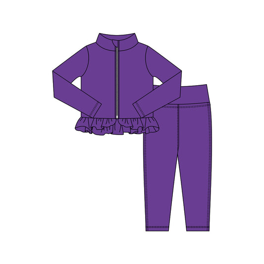 ( Moq 5 ) Preorder Baby Girls Purple Long Sleeves Zipper Shirt Legging Pants Yoga Active Set