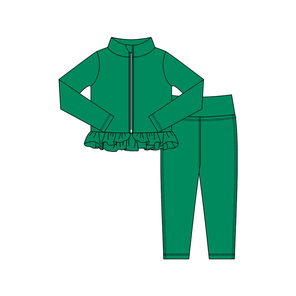 ( Moq 5 ) Preorder Baby Girls Kids Green Long Sleeves Zipper Tops Leggings Pants Yoga Active Outfit