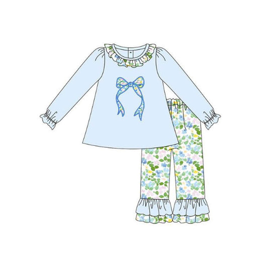 ( Moq 5 ) Preorder Baby Girls Blue Long Sleeves Bows Tunic Ruffle Floral Pants Clothes Set