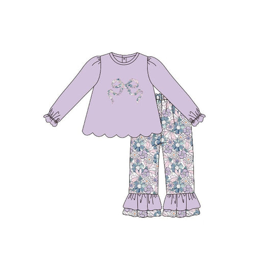 ( Moq 5 ) Preorder Baby Girls Purple Long Sleeves Bows Tunic Ruffle Flower Pants Clothes Set