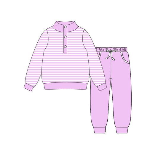 ( Moq 5 ) Preorder Baby Girls Long Sleeves Stripes Buttons Shirt Pockets Pants Clothes Set
