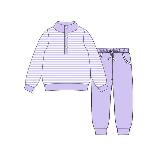 ( Moq 5 ) Preorder Baby Girls Long Sleeves Stripes Buttons Shirt Pockets Lavender Pants Clothes Set