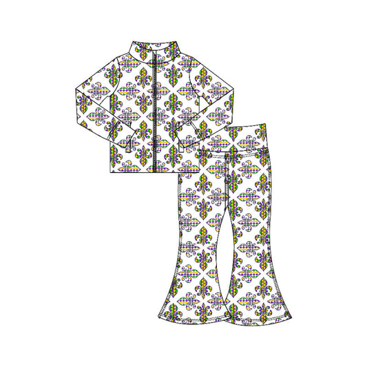 ( Moq 5 ) Preorder Baby Girls Anchors Zipper Pockets Tops Bell Pants Yoga Active Mardi Gras Set