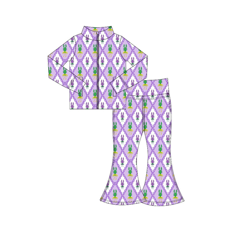 ( Moq 5 ) Preorder Baby Girls Crawfish Zipper Pockets Tops Bell Pants Yoga Active Mardi Gras Set