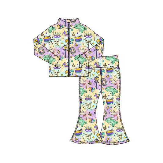 ( Moq 5 ) Preorder Baby Girls Zipper Pockets Tops Anchors Bell Pants Yoga Active Mardi Gras Set