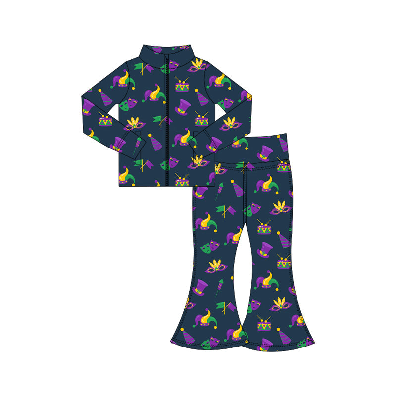 ( Moq 5 ) Preorder Baby Girls Zipper Pockets Masks Tops Bell Pants Yoga Active Mardi Gras Set