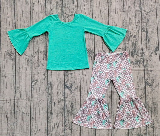 ( No moq ) Preorder Baby Girls Long Sleeves Green Shirt Cactus Boots Pants Western Clothes Set