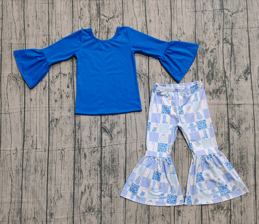 ( No moq ) Preorder Baby Girls Long Sleeves Blue Shirt Santa Gingerbread Pants Christmas Clothes Set