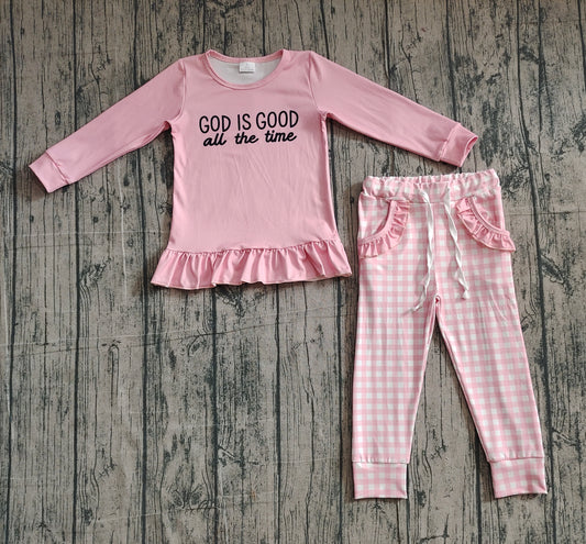( No moq ) Preorder Baby Girls God Is Good Shirt Plaid Ruffle Pockets Pants Clothes Set