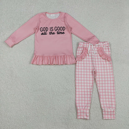 Sibling Baby Boys Girls Long Sleeves God Is Good Shirts Plaid Pockets Pants Clothes Sets RTS