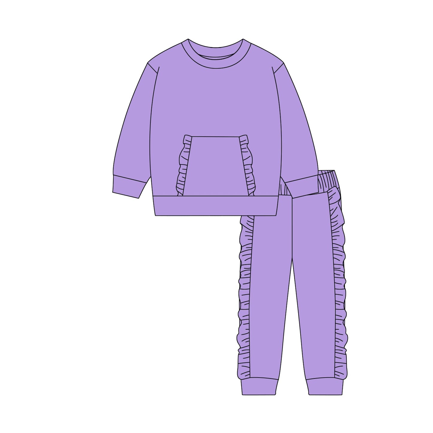 ( Moq 5 ) Preorder Baby Girls Long Sleeves Pocket Shirt Ruffle Pants Purple Clothes Set
