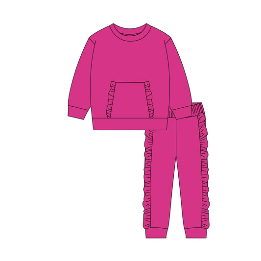 ( Moq 5 ) Preorder Baby Girls Pink Long Sleeves Ruffle Pocket Shirt Pants Clothes Set