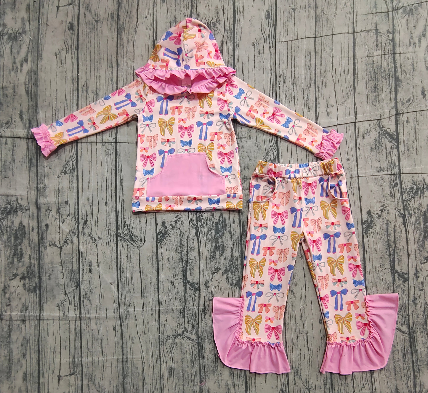 Baby Girls Long Sleeves Bows Hoodie Pullover Ruffle Pockets Pants Clothes Set RTS