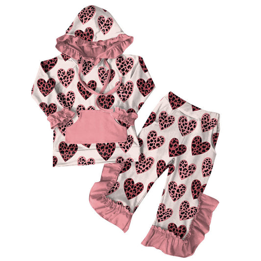 ( Moq 5 ) Preorder Baby Girls Leopard Hearts Pocket Hoodie Pullover Ruffle Pants Valentine Set