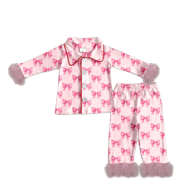 ( Moq 5 ) Preorder Adult Women Fur Long Sleeves Bows Buttons Shirt Pants Pajamas Pink Set