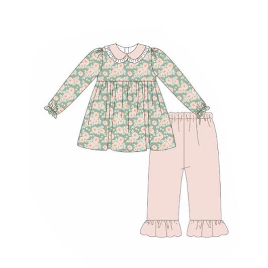 ( Moq 5 ) Preorder Baby Girls Long Sleeves Flower Tunic Ruffle Pink Pants Clothes Set