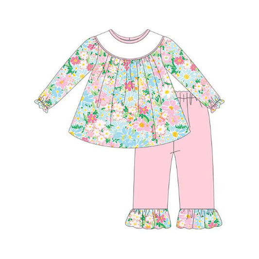 ( Moq 5 ) Preorder Baby Girls Long Sleeves Flower Tunic Ruffle Pink Pants Clothes Set