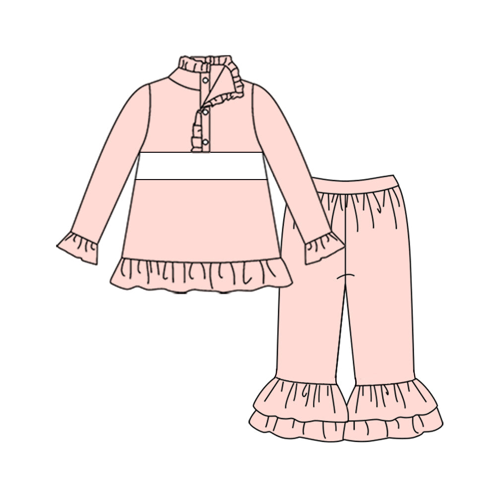 ( Moq 5 ) Preorder Baby Girls Buttons Ruffle Pullover Shirt Pants Pink Clothes Set