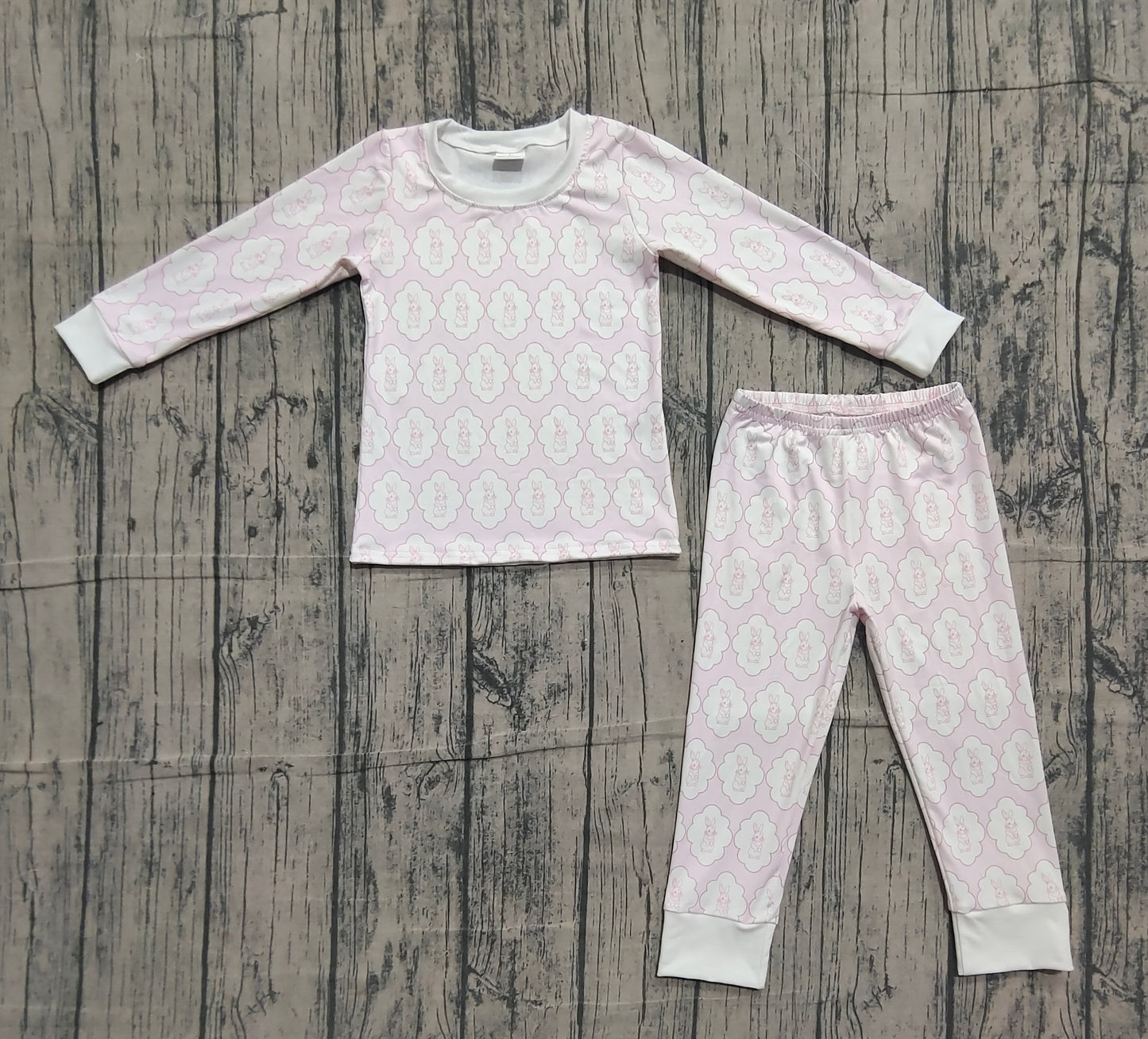 ( No moq ) Preorder Baby Girls Long Sleeves Rabbits Shirt Pants Easter Pajamas Pink Set